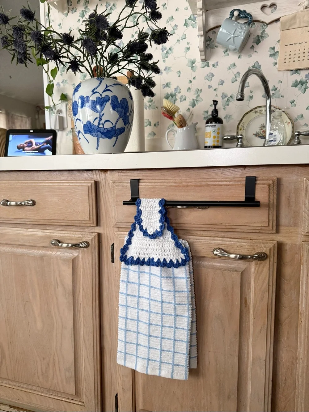 Handmade Crochet Top Kitchen Towel - White & Blue Checkered